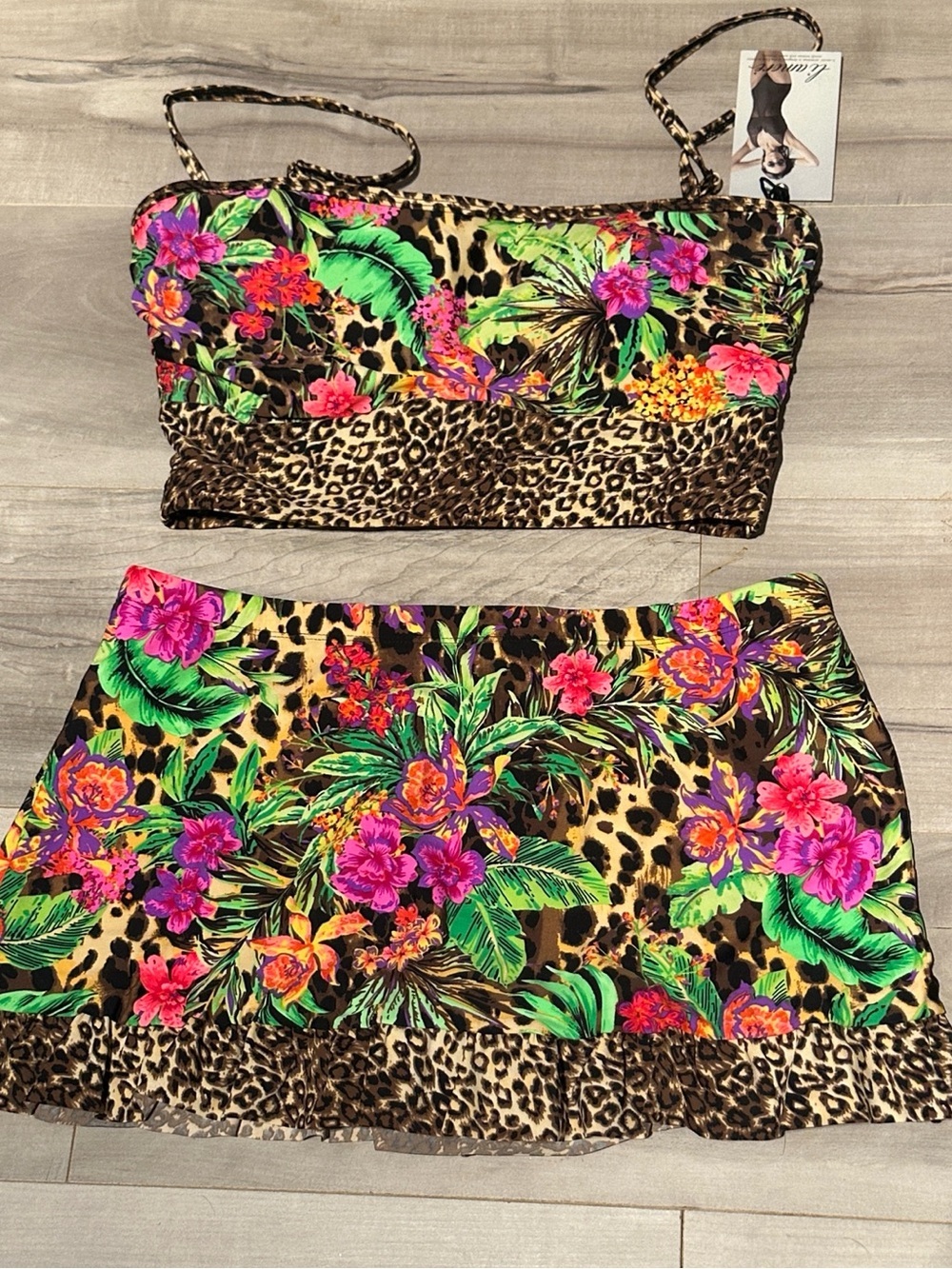 New Floral Orchid Tropical Leopard Print Bikini Tankini Bandeau Skirt 2 Pc Set